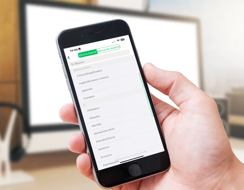 Phone showing the Talkbuds app language list for choosing translation languages