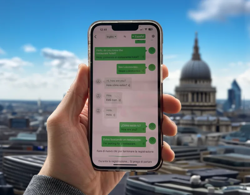 Phone showing the Talkbuds app with a live translated conversation as chat bubbles