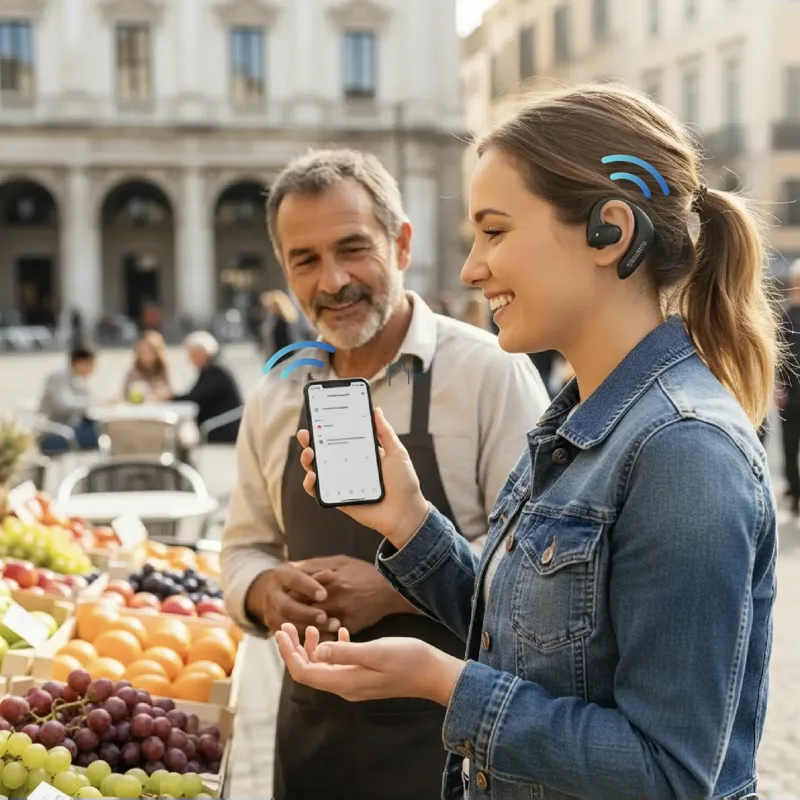 Traveller wearing Talkbuds talking with a fruit seller at a European market while the app translates
