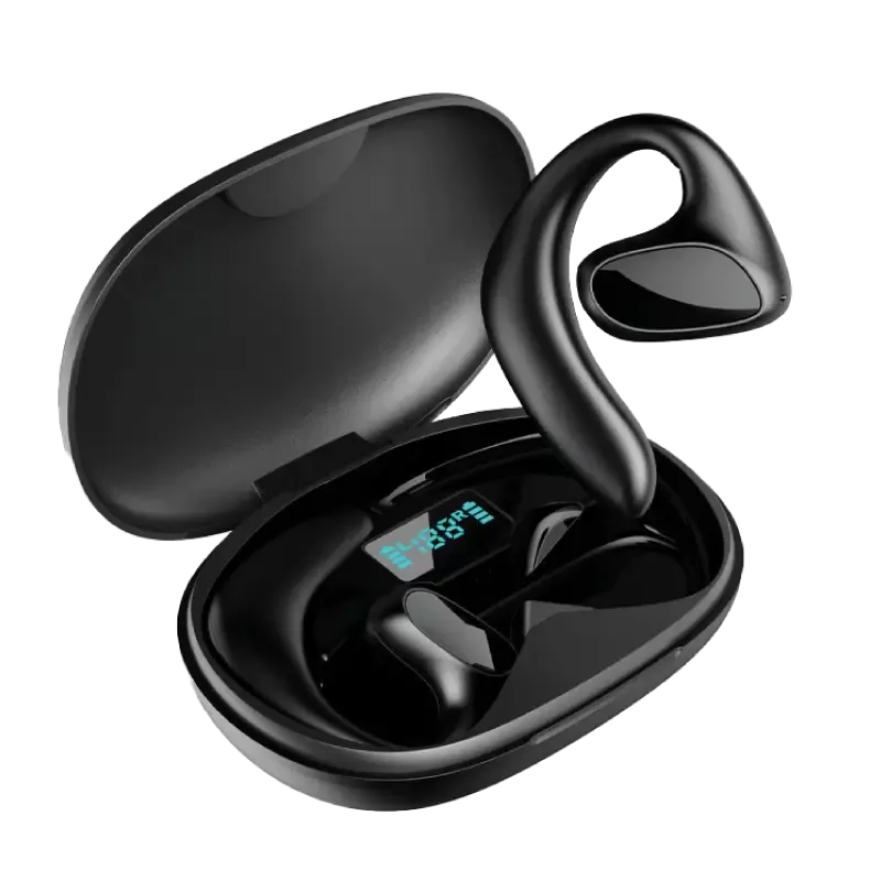 Qinux Talkbuds translator earbuds in their black charging case with the battery display
