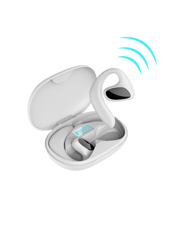 White Qinux Talkbuds translator earbuds in their open charging case